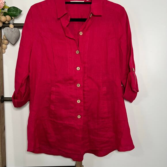 Soft Surroundings 3/4 Sleeve Linen Button‎ Up Blouse Size Petite Small - Picture 2 of 7